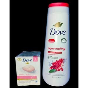 Dove rejuvenating pomegranate and hibiscus body wash and 2pack Pink Bar soaps